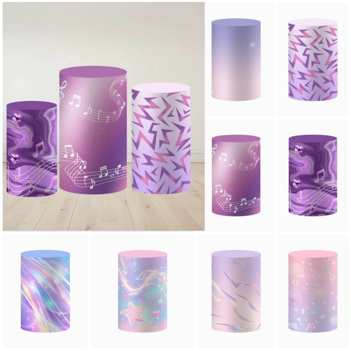 Purple Gradient Music Note Cylinder Column Covers    Backdrop Print Fabric Elastic Polyster Party Decoration Dessert Table Cover