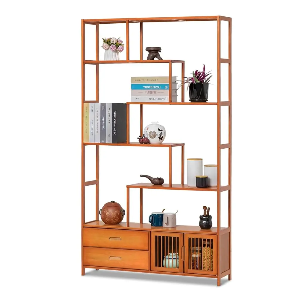 

Staggered 5-Tier Bookshelf With Drawer And Cabinet, Bamboo 39"" L X 9.8"" W X 68.9"" H Tall Chinese Vintage Display Etagere