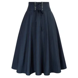 Belle Poque Women Vintage A Line Midi Skirt High Waist Striped Pleated Skirt Lace Up Gothic Victorian Skirt With Pockets A30