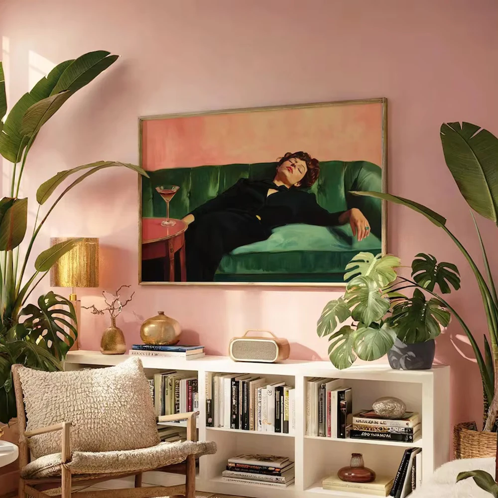 Woman on Couch with Martini Soft Tonal Canvas Painting Cocktail Art Bar home Decor Aesthetic Painting Gift Trendy Wall Decor