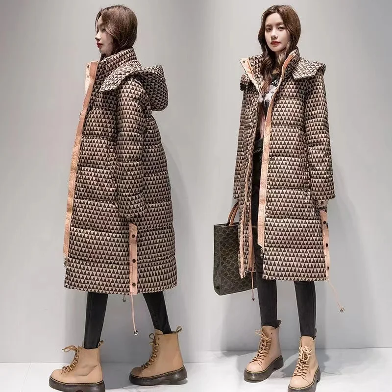 Dames Winter Contrasterende Kleuren Capuchon Mode Casual Dons Katoenen Dikke Jas Warme Parka \'S Winddichte Dames Lange Overjas