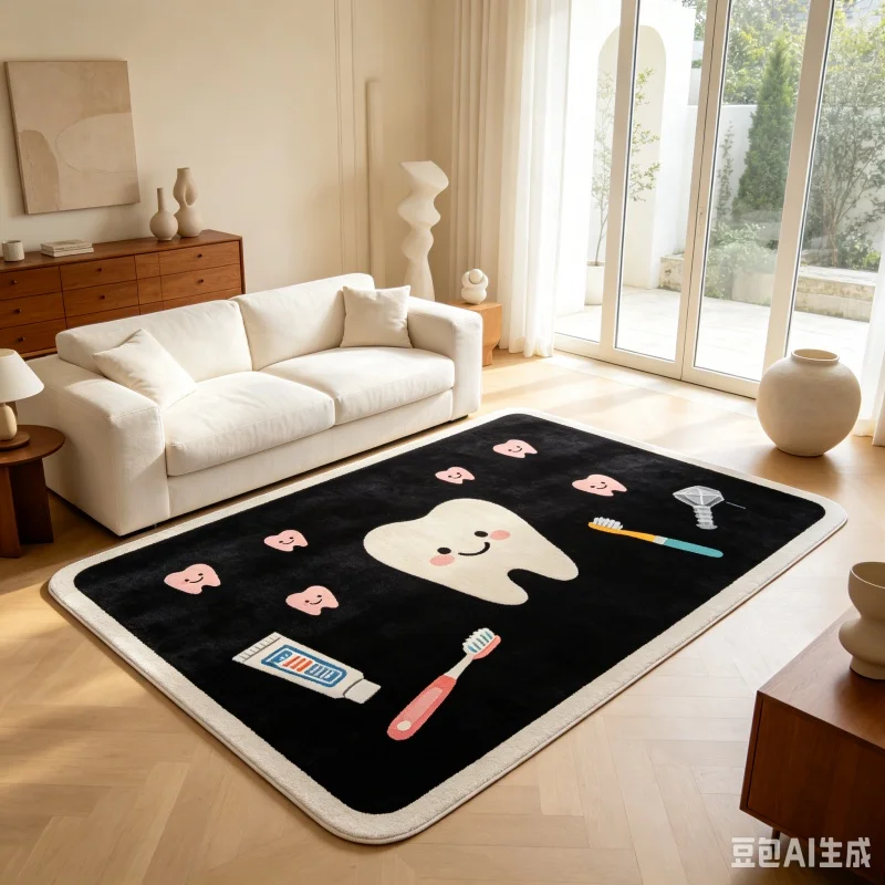 Newest Carpet Black Flannel Large Floor Rug Cartoon Teeth Dental Tools Print Non Slip Soft Area Carpet For Household Decor