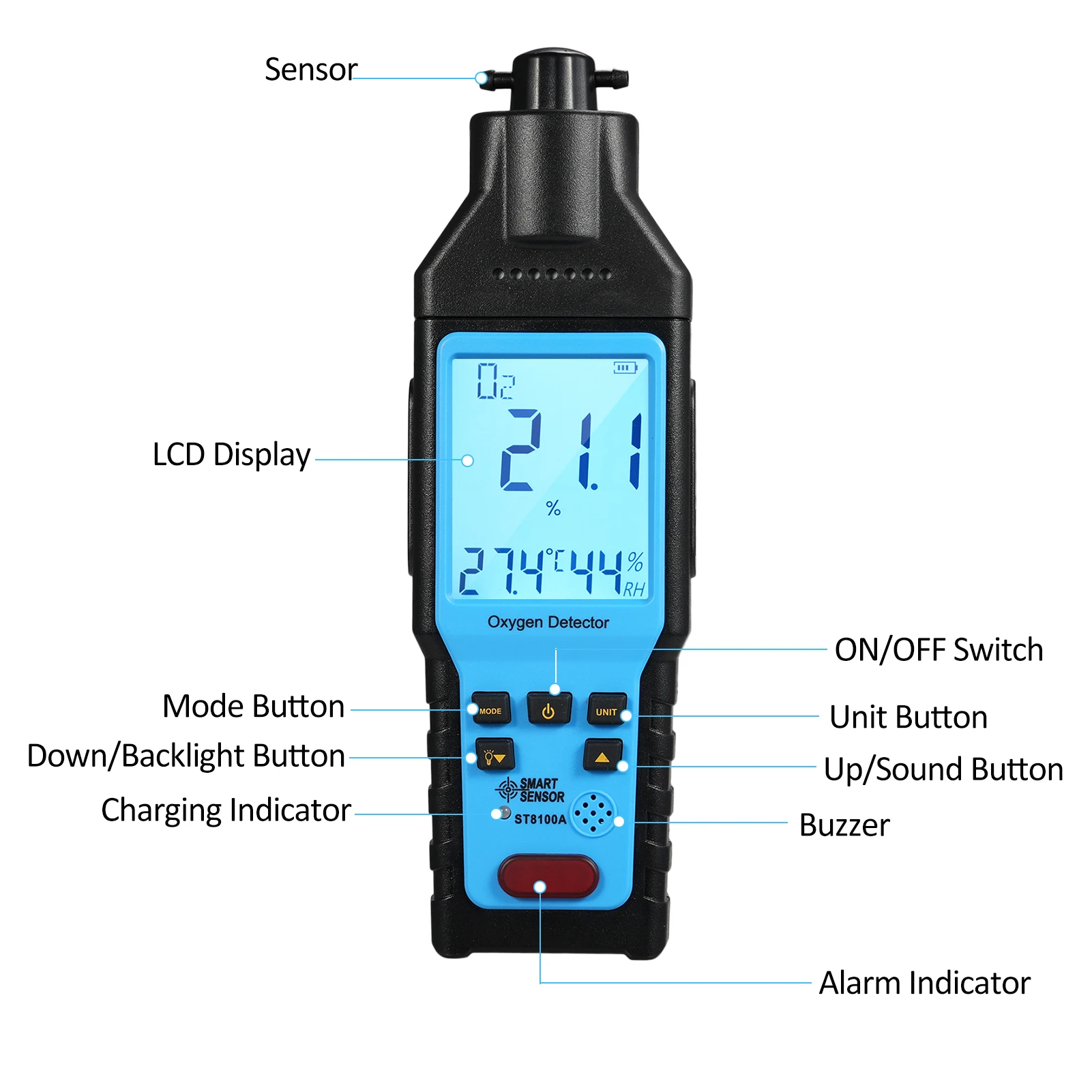 Oxygen Gas Detector Digital O₂ Gas Tester Rechargeable Precision Measurement Tester Device for Climbing Tunnel 0~100% VOL