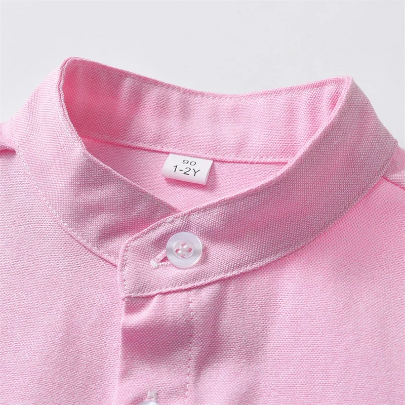 قميص للربيع والصيف للأطفال الأولاد والبنات بلون سادة وياقة الماندرين وأكمام طويلة مع جيب