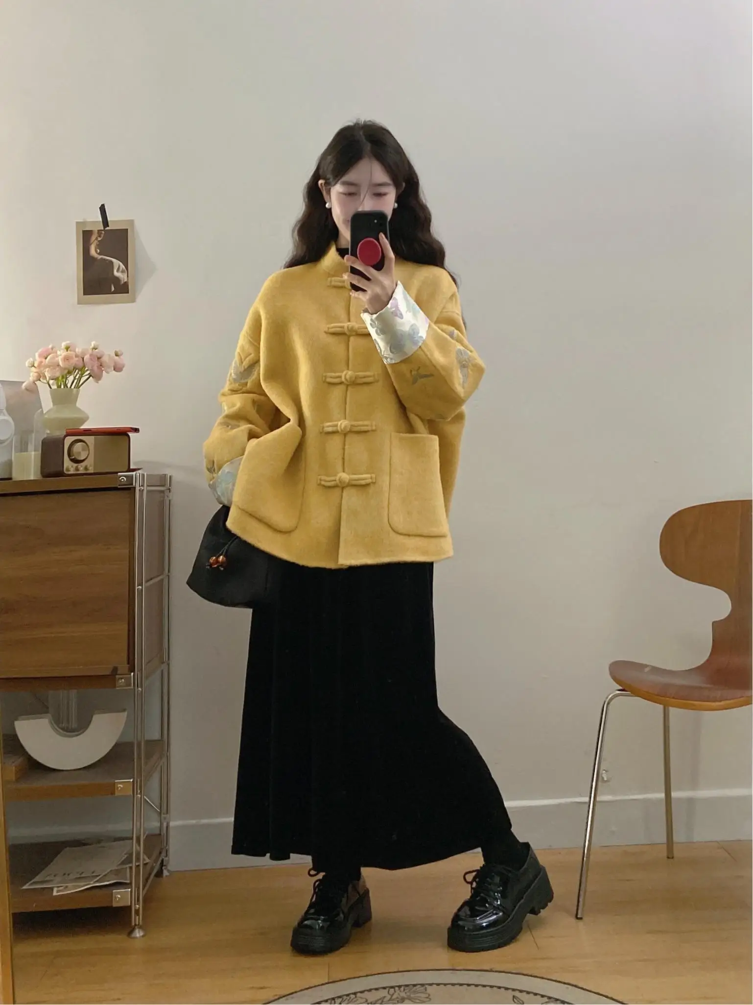 

plus Size Chinese Style Set Winter New Design Embroidery Woolen Coat Half Length Skirt Button Decoration Fashionable Ensemble
