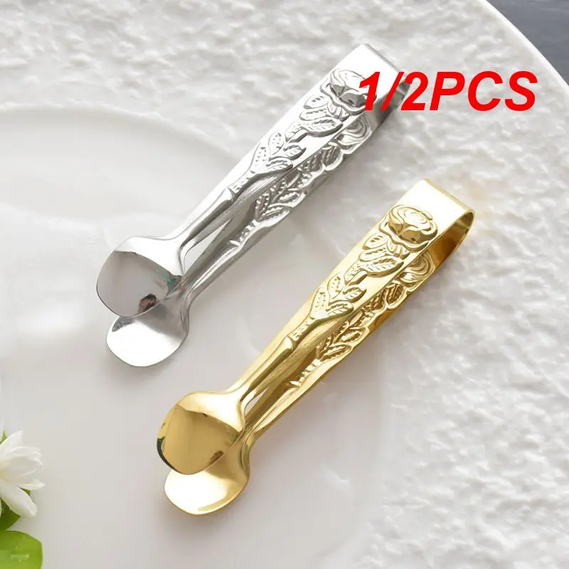 1/2PCS High Quality Ice Tong Embossed Rosette Handle Stainless Steel Food Tong Sliver/Gold Clip BBQ Clip Kitchen Bar