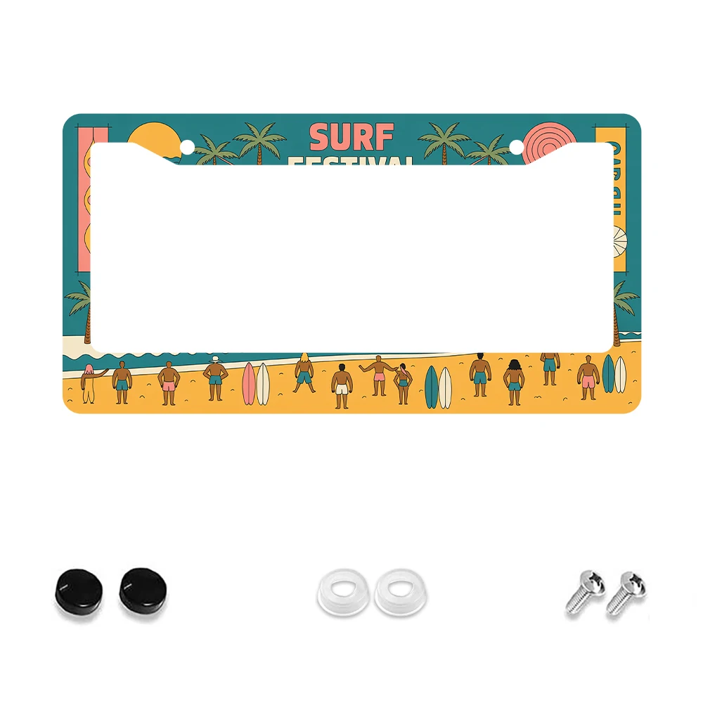 

1pc Colorful Surf Festival Pattern 2 Hole License Plate Frame, Aluminum Material, 6x12 Inches with Screw Set, Retro Novelty Car