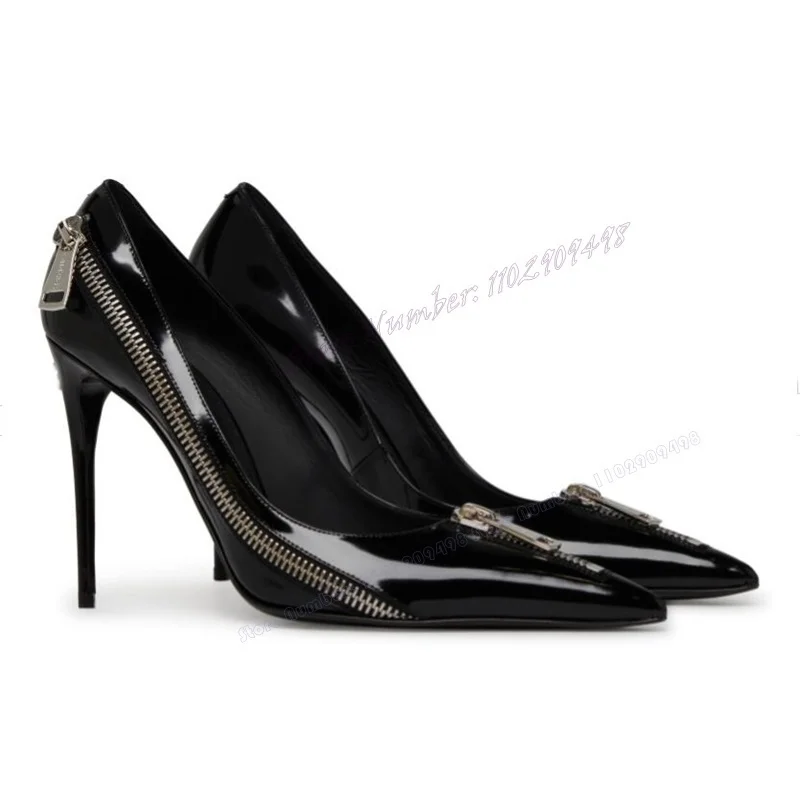 

Black Patent Leather Zipper Decor Pumps Pointed Toe Shoes for Women Thin High Heels Sexy Luxury Shoes 2023 Zapatos Para Mujere