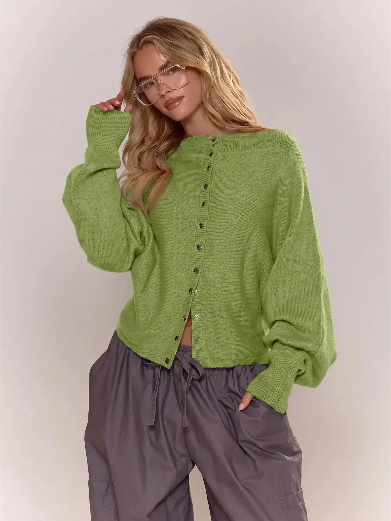 Womens Slash Boat Neck Knit Cardigan Euro Baddie Clubwear Aesthetic Long Batwing Sleeves Sweater Top Solid Pistachio Matcha Green Snap Popper Front Placket Ribbed Cuffs Drop Shoulder Slouchy Drape Silhouette For Spring Party Night Outfits Christmas Gift