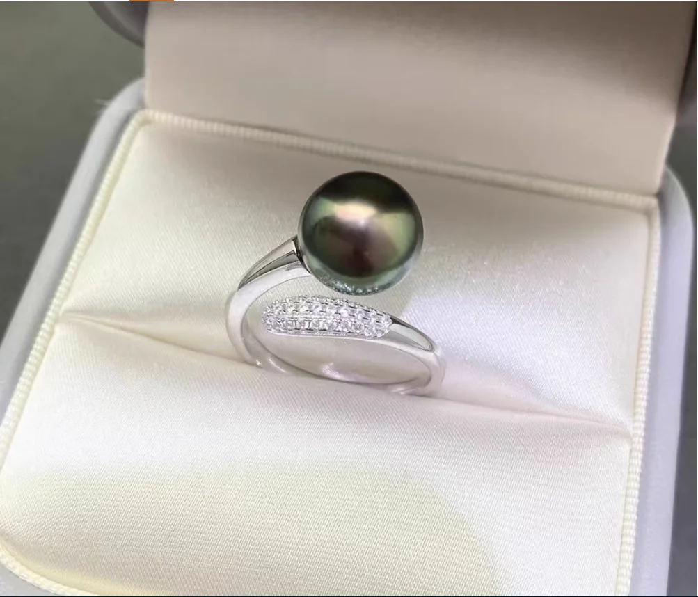 ضخمة AAAA 11-12 ملم جولة الطبيعية جنوب البحر خاتم اللؤلؤ الأسود 925S