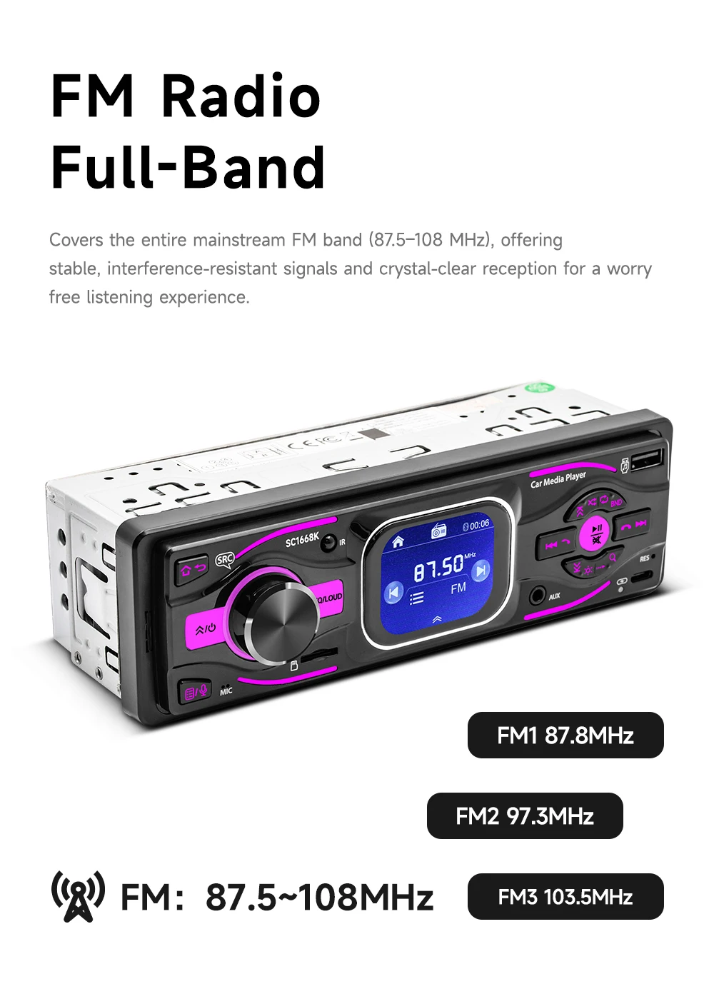 BQCC 1Din MP3 Car Radio Player Stereo Bluetooth 6.0FM Aux Input RAC SD TF USB Type-C Change 12V In-dash Support voice control