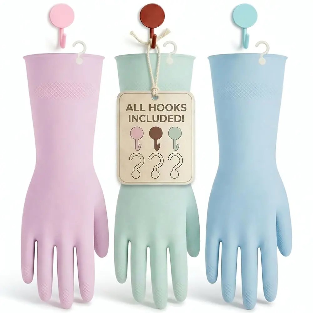 

Free Shipping 3 Pairs Dishwashing Gloves with Hanging Hooks - Reusable Rubber Cleaning Gloves for Household & Kitchen & Gardenin