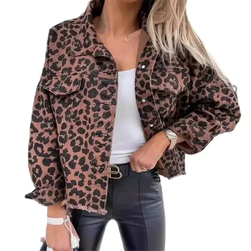 Fashion Leopard Print Tassel Hem Jacket Women Casual Outerwear Female Spring Autumn Lapel Single-breasted Cardigan Denim Coat 24