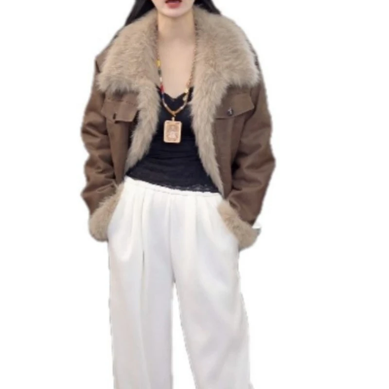 الاتجاه خمر المرأة سترة جلدية جديدة الصوف اصطف شتاء دافئ الفراء الجلود المرقعة معطف عالية الجودة فو سترة جلدية #3