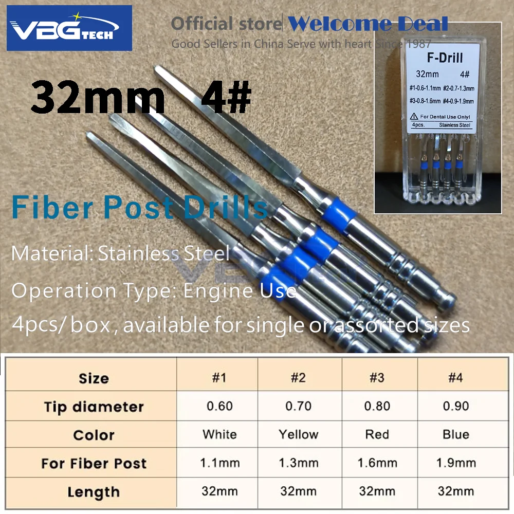 4pcs/box 32mmDental Fiber Drill Metal Reamers Drills Bit For Fiber Post Engine Endodontics Files Refills odontoiatria instrument