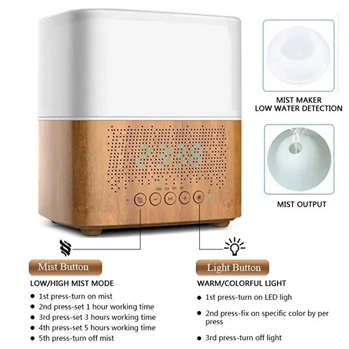 Clock Humidifier Wood Grain Bluetooth Music Essential Oil Diffuser 300ml Fragrant Fresh Scent Difusor 7 LED Lights Mist Maker