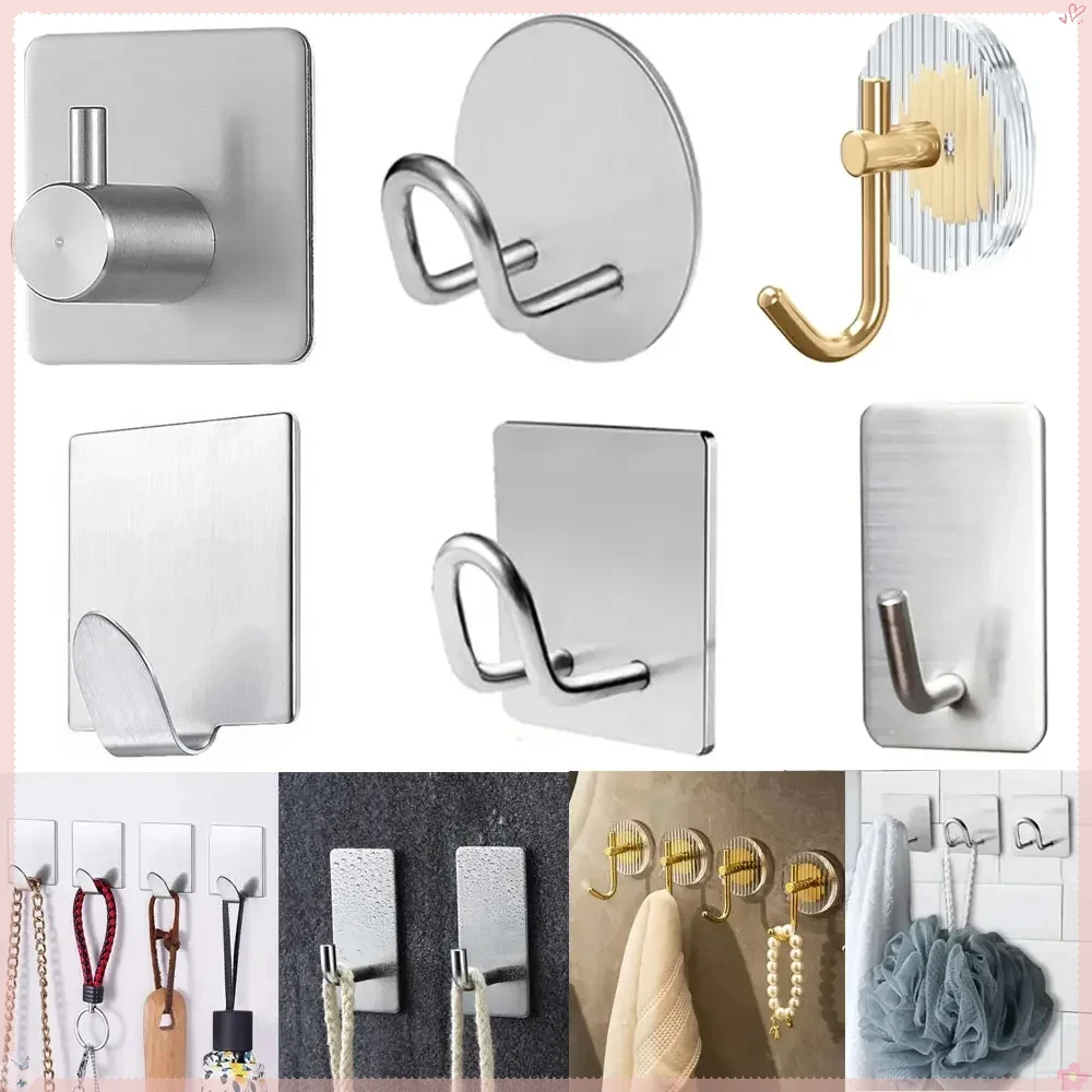 Small Adhesive Wall Hooks Waterproof Stainless Steel for Hanging Towels Clothes Coats Hats