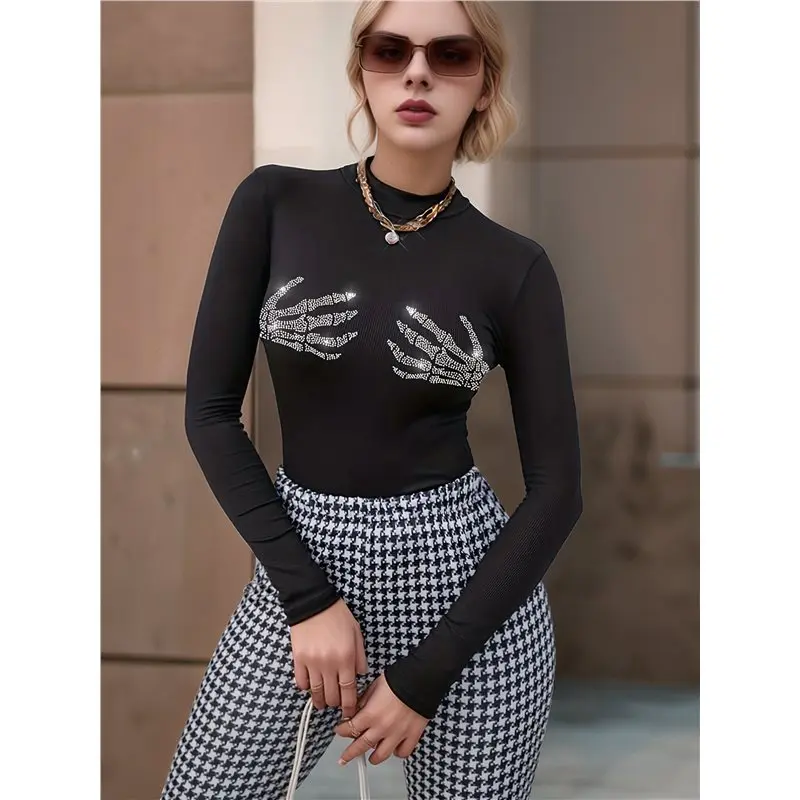Women's Mock Neck Rhinestone Hand Rib Long Sleeve Top Black XS Eco-Friendly