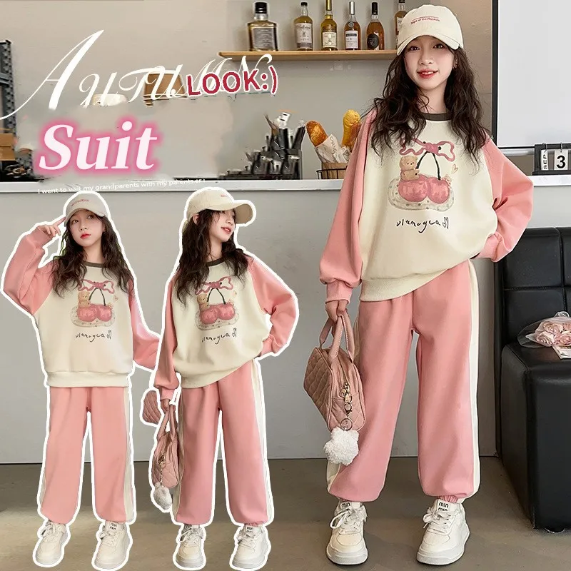 Spring Autumn Girls Cotton Contrast Cartoon Sweatshirt+Sweatpant Workout Sets School Kids Tracksuit Child Jogger Outfits 5-16Yr