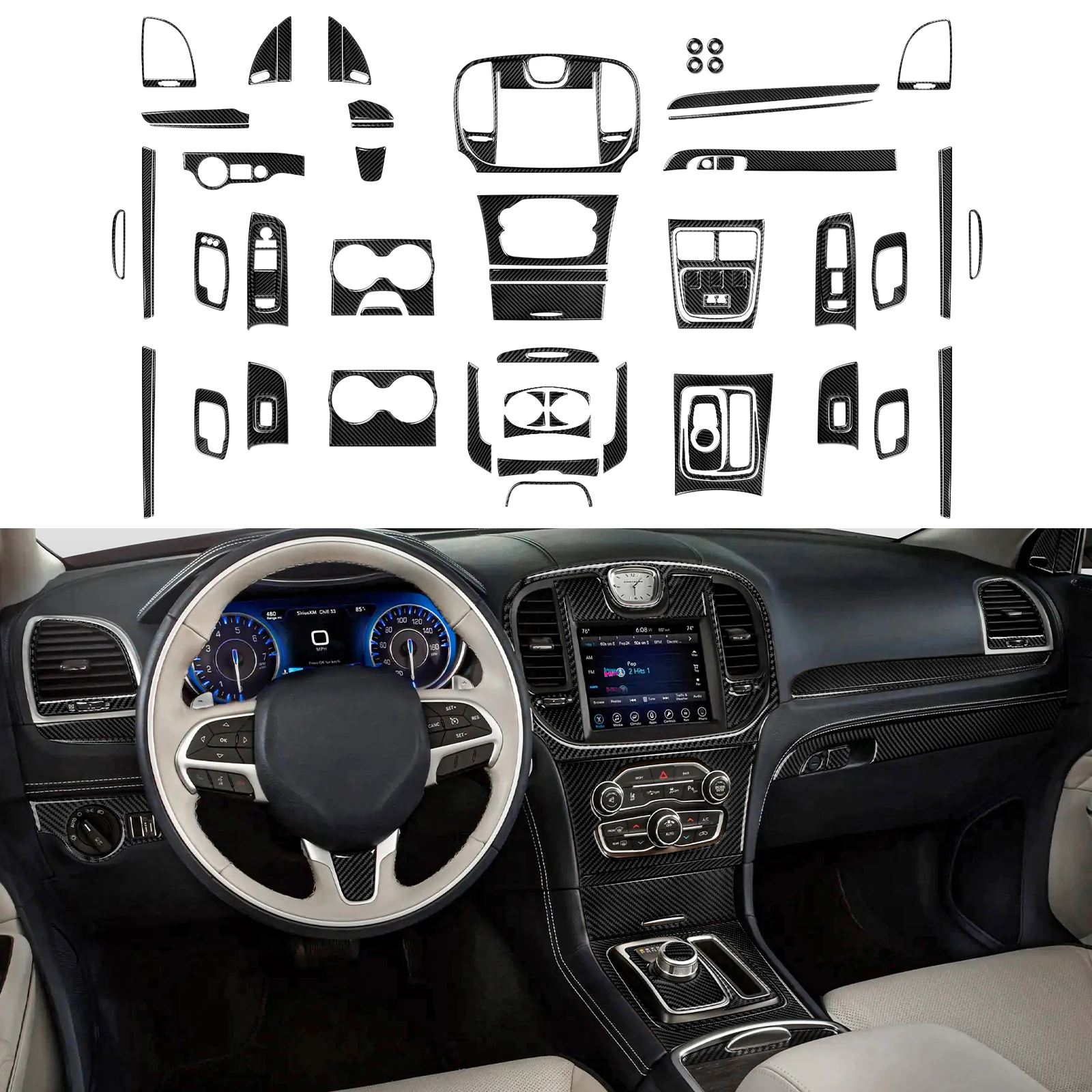 Naklejki wewnętrzne z włókna węglowego na panel zmiany biegów konsoli środkowej, osłonę kierownicy do Chrysler 300 (2015-2023)