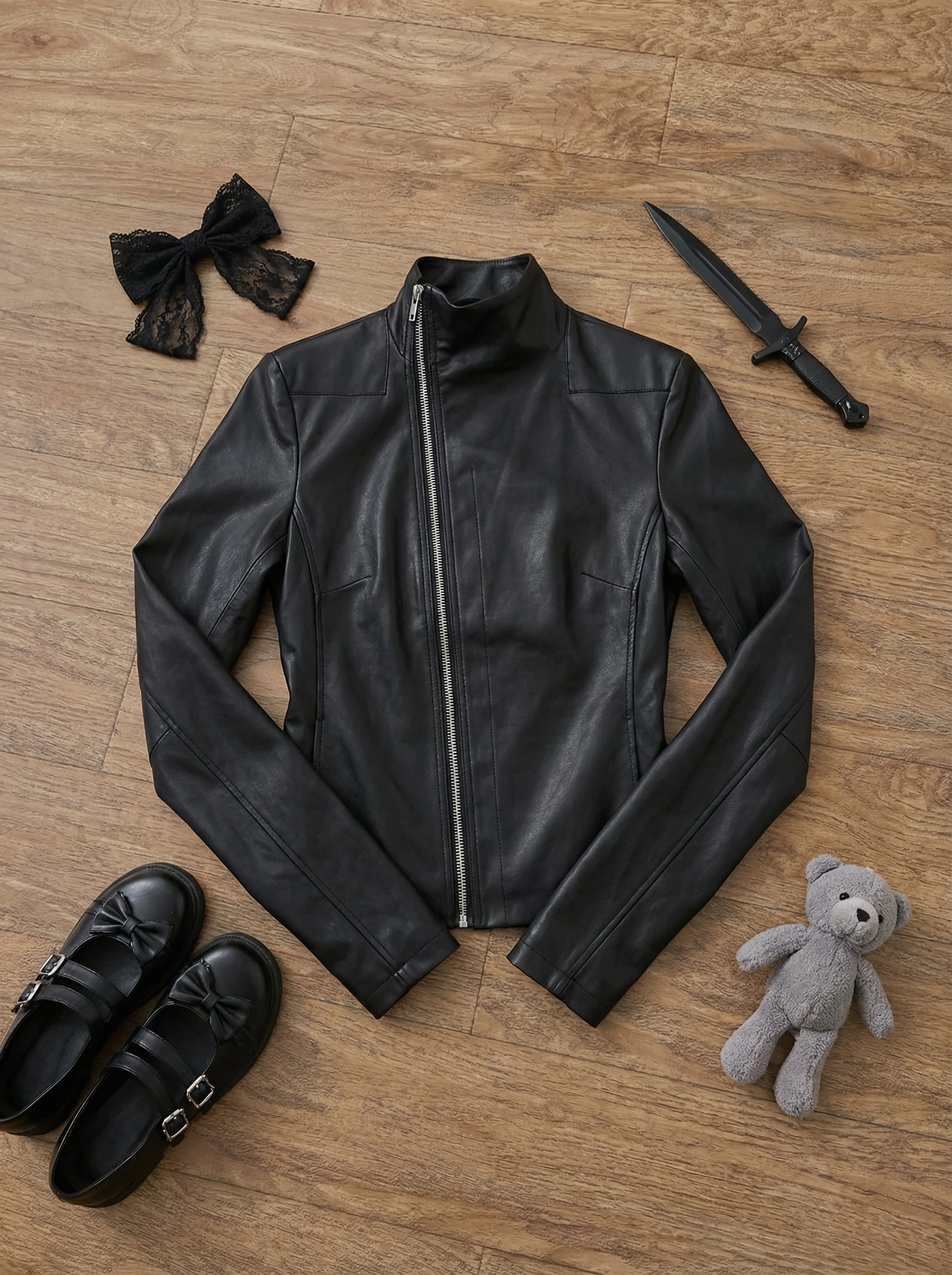Black Slim Long Sleeve Hot Girl Leather Jacket Women Darkly Gothic Zipper Thin Skinny Coat Female Hepburn Y2k Vintage Clothes