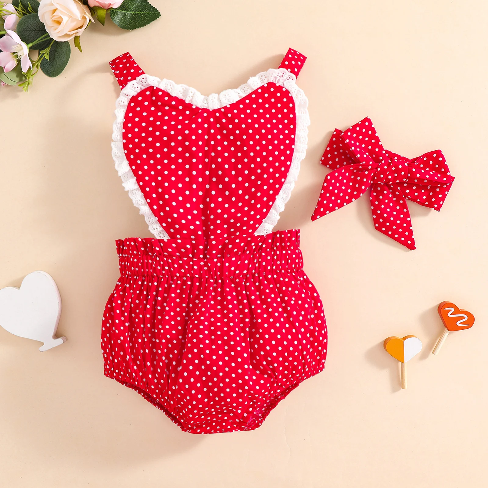 

Newborn Infant Baby Girls Valentine's Day Costumes Red Dot Print Sleeveless Backless Romper Jumpsuit Headband Clothes