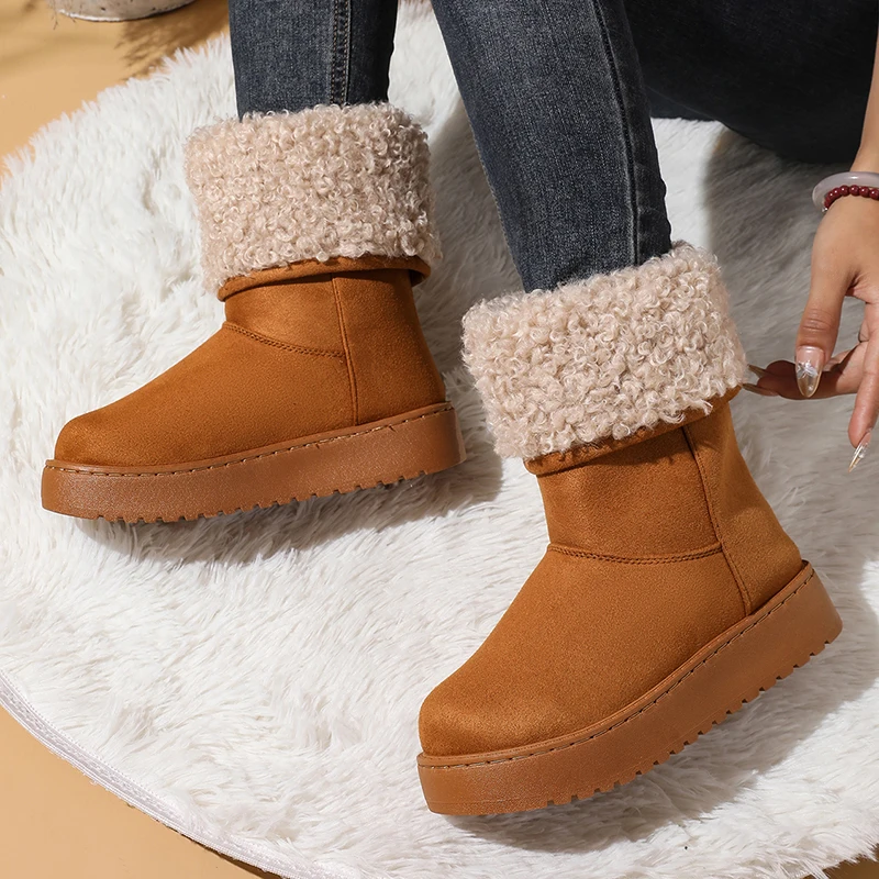 Faux Fur Brown Platform Ankle Boots Women 2026 Winter Warm Plush Lined Thick Sole Snow Boots Woman Slip on Cotton Padded Shoes