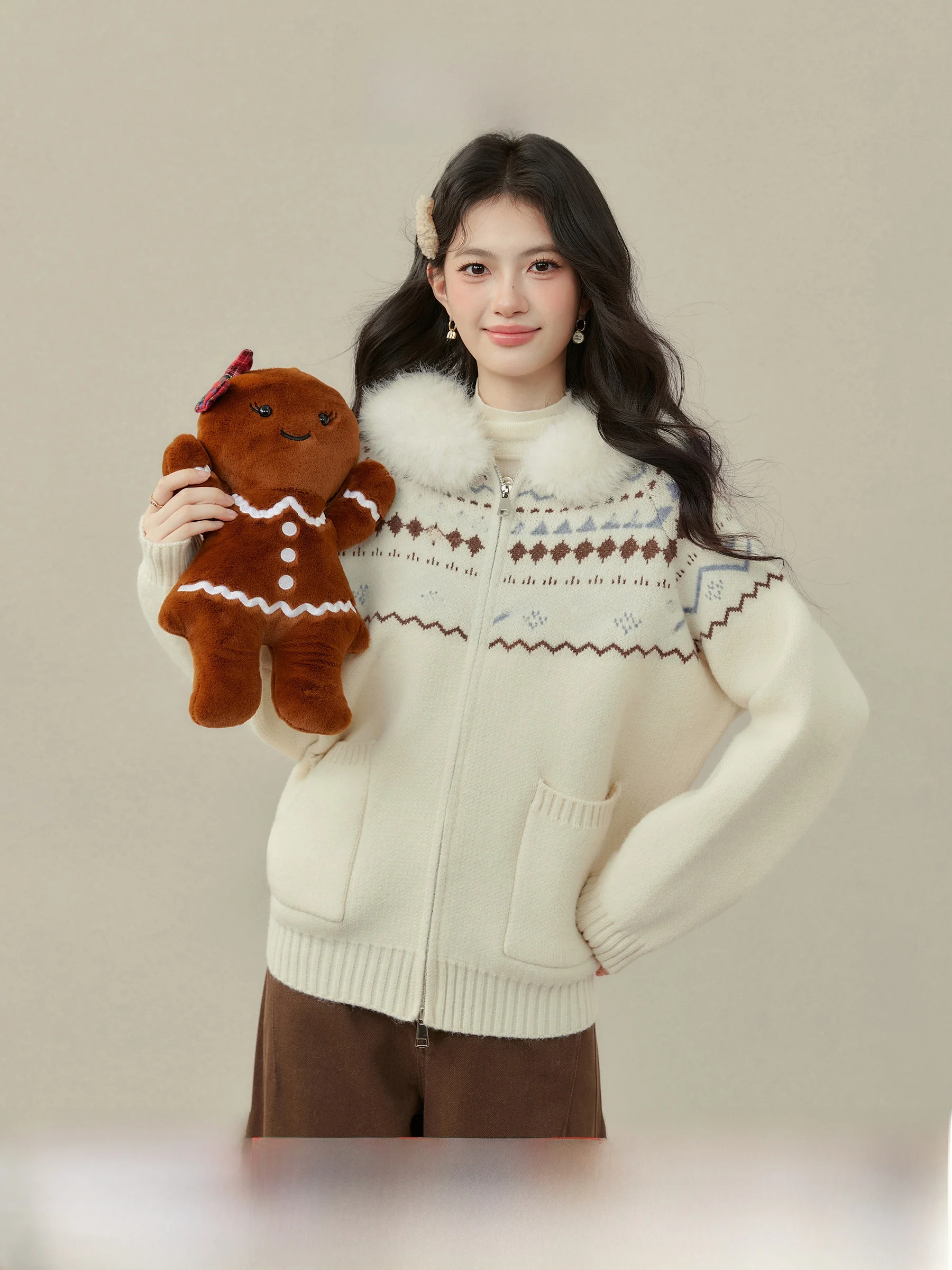 

Ele Ferris Wheel Hooded Open Cardigan Sweater Women's Autumn Winter Outerwear in Apricot Color with Fur Collar