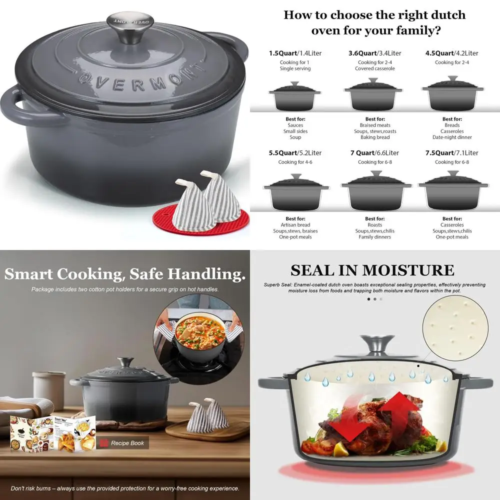 

7-Quart Enamel-Covered Cast Iron Dutch Oven with Cookbook & Cotton Potholders - Durable Cookware for Braising, Stews, Roasting,