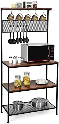 

Bakers Rack, Coffee , 4-Tier Kitchen Microwave Stand with , 11 Hooks, Adjustable Feet, Industrial Utility Shelves for Utensils,