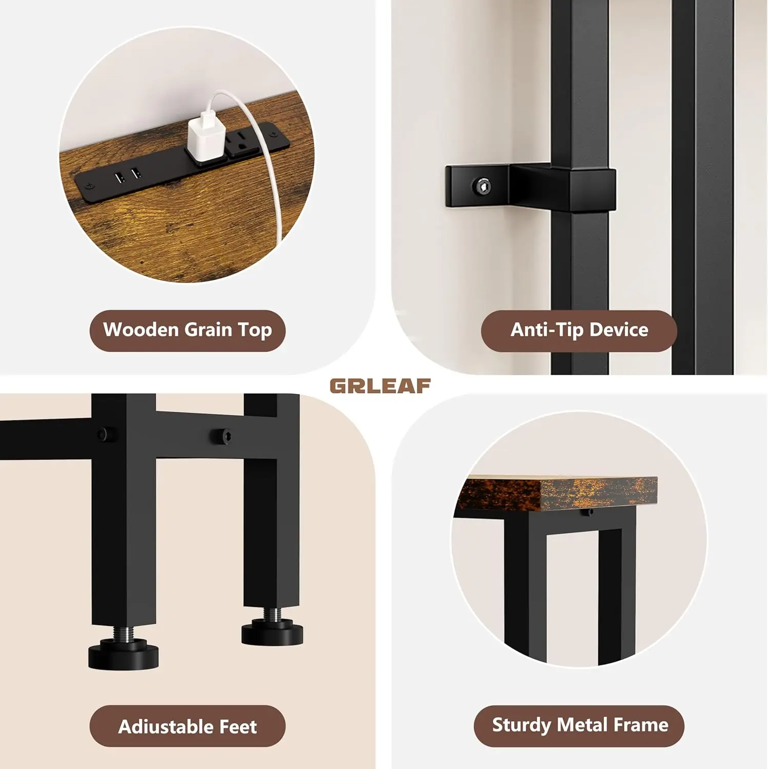 102" Sofa Table with Built-in Power Strip, 4 AC Outlets & 4 USB Ports, Metal Frame, Easy Assembly for Living Room