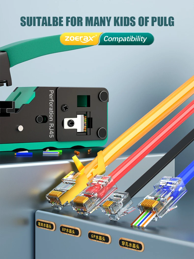 ZoeRax RJ45 Pass Through Crimper CAT5/5e CAT6 CAT6a CAT7 Standard and Shielded Network Connectors and RJ45 RJ12 RJ11