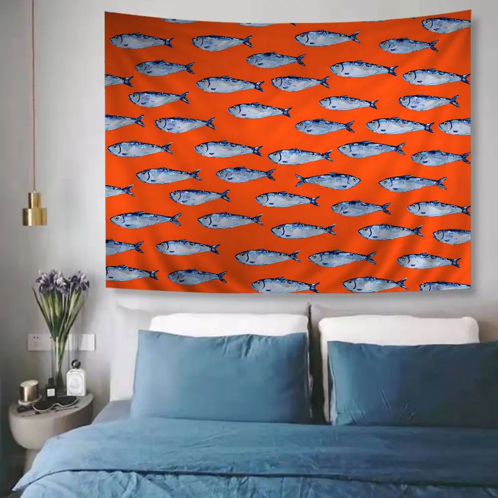 Popular Fish Cartoon Sardine Art Printed Large Wall Tapestry Indian Buddha Wall Decoration Witchcraft Bohemian Hippie