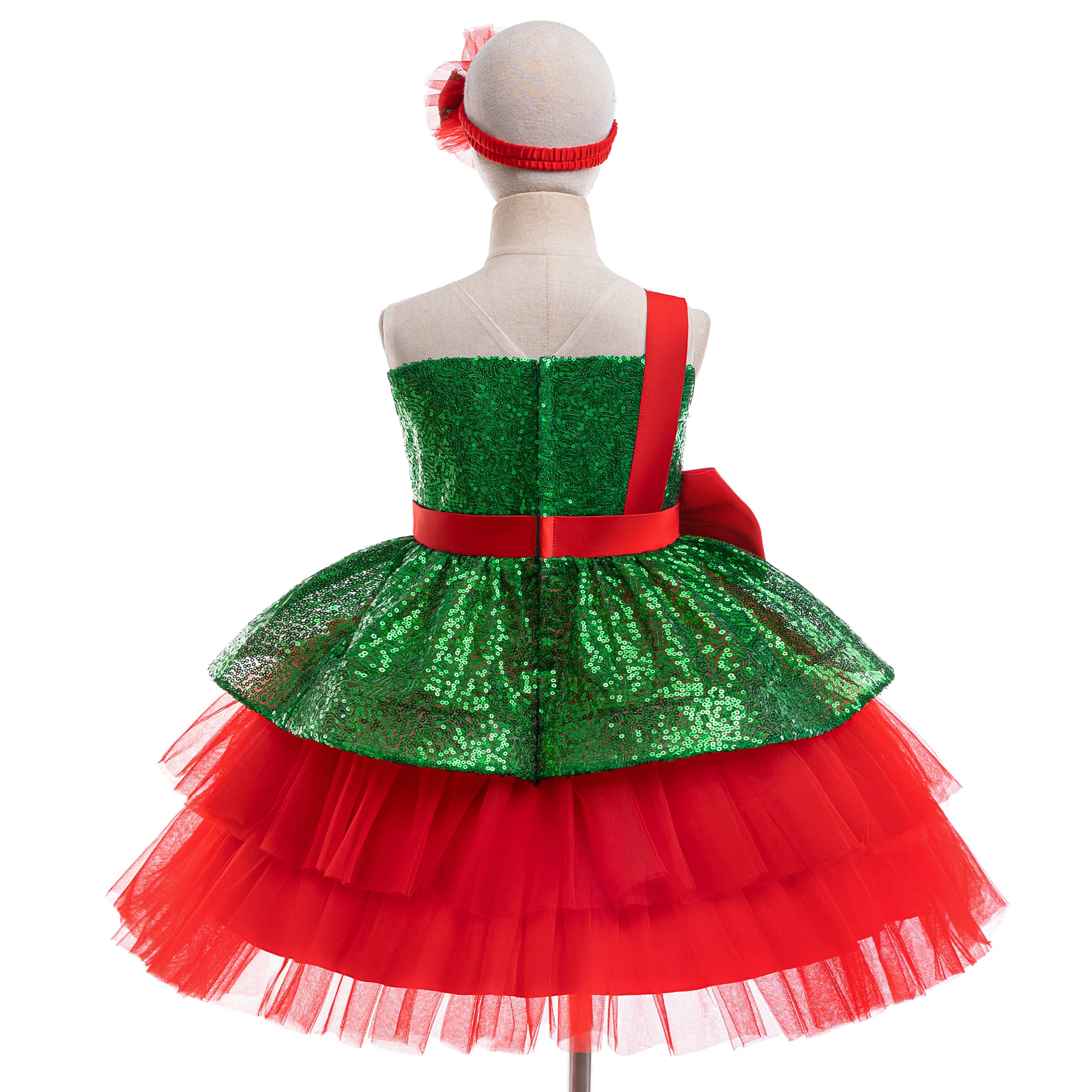 Vestido Princesa Lantejoula Meninas com Laço Vermelho, Cosplay Infantil, Tule Roupa de Halloween, Festa de Aniversário, Carnaval, Natal