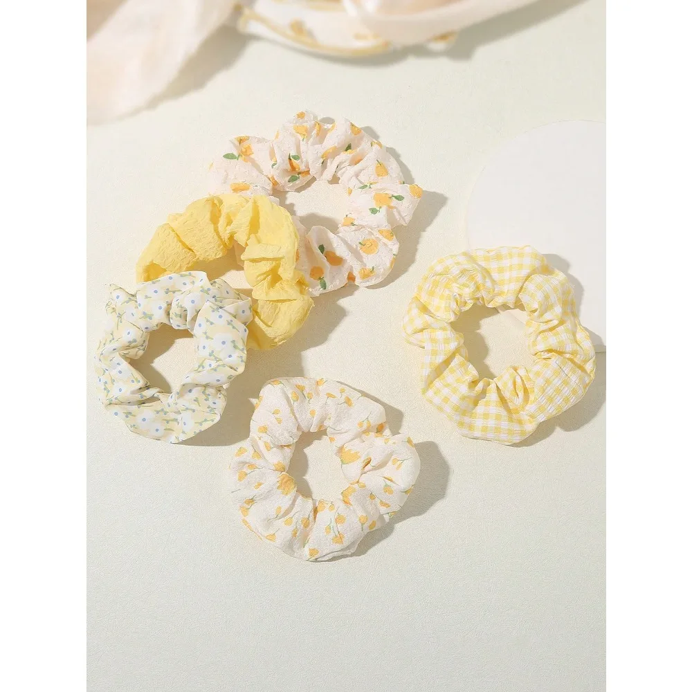 

5pcs Sweet & Lovely Yellow-Colored Hair Scrunchies Set For Girls, Suitable For Daily Life And Vacation