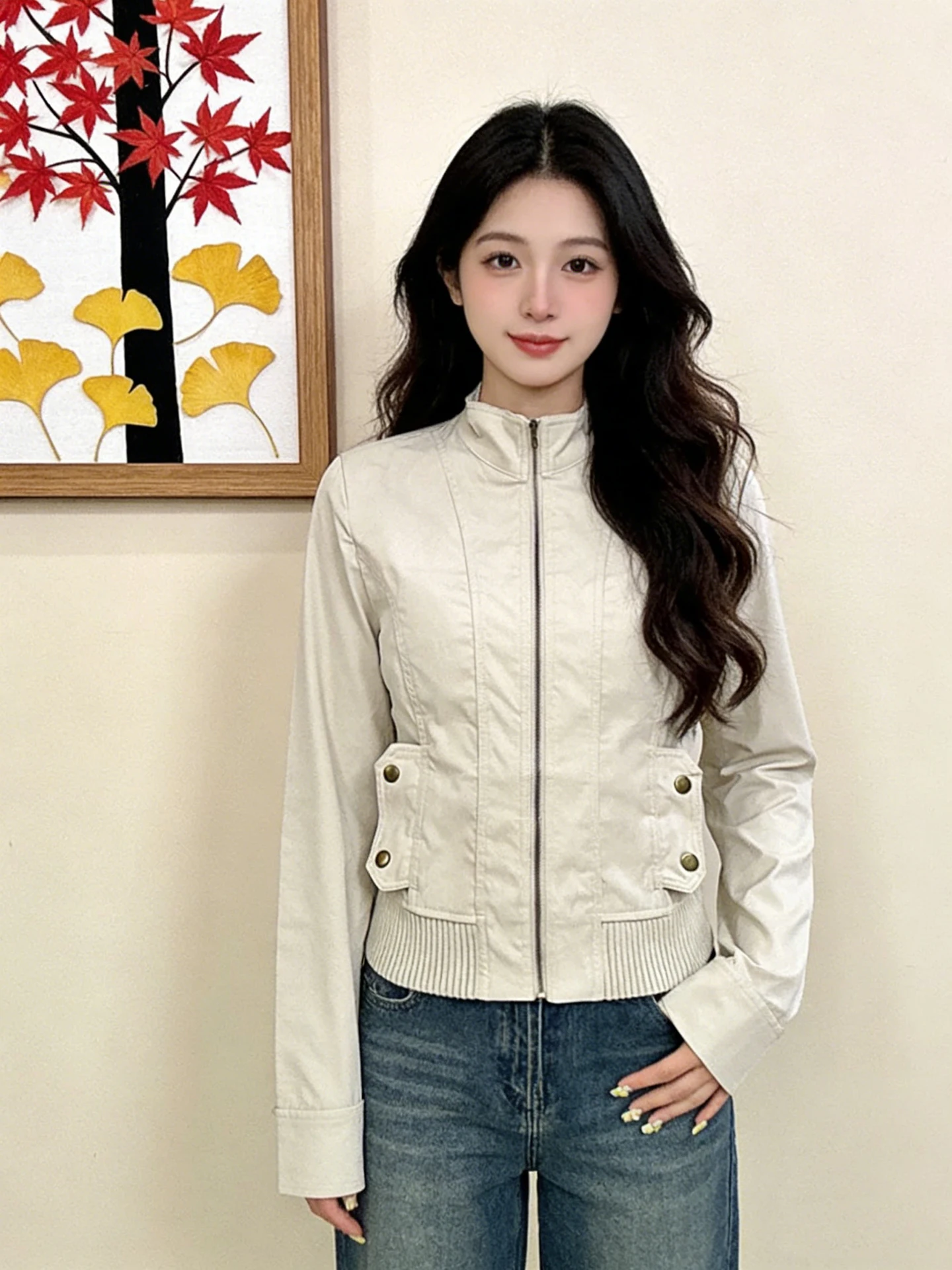 

Ретро-американская женская куртка на молнии с воротником-стойкой, укороченная, весенняя, приталенная, для работы, маленький размер, с утяжкой на талии