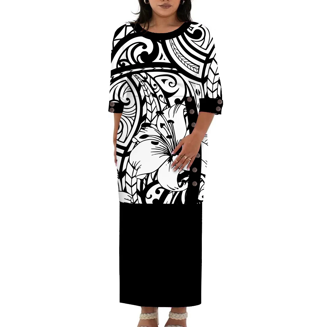 ชุดเดรสยาวไซส์ใหญ่สไตล์ฮาวายสำหรับผู้หญิง ออกแบบเองได้ ชุดโพลินีเซียนแบบโพเลตาซี ปตากา คอทรงโอ ชุดออกงาน 2 ชิ้น