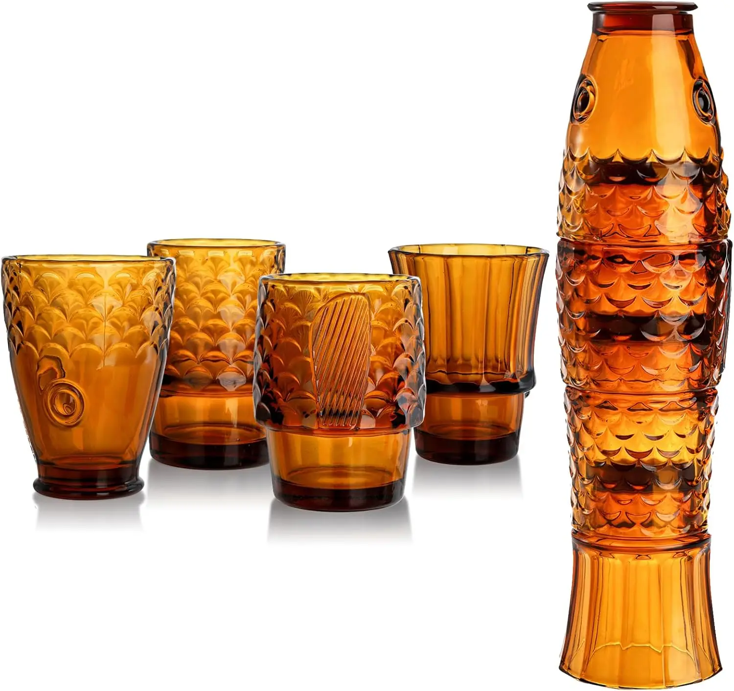 

Set of 4 Koi Fish Design Drinking Glasses, Stackable Amber Tumbler Glasses Beverage Cups Juice Tumblers Drinking Water Cups Naut