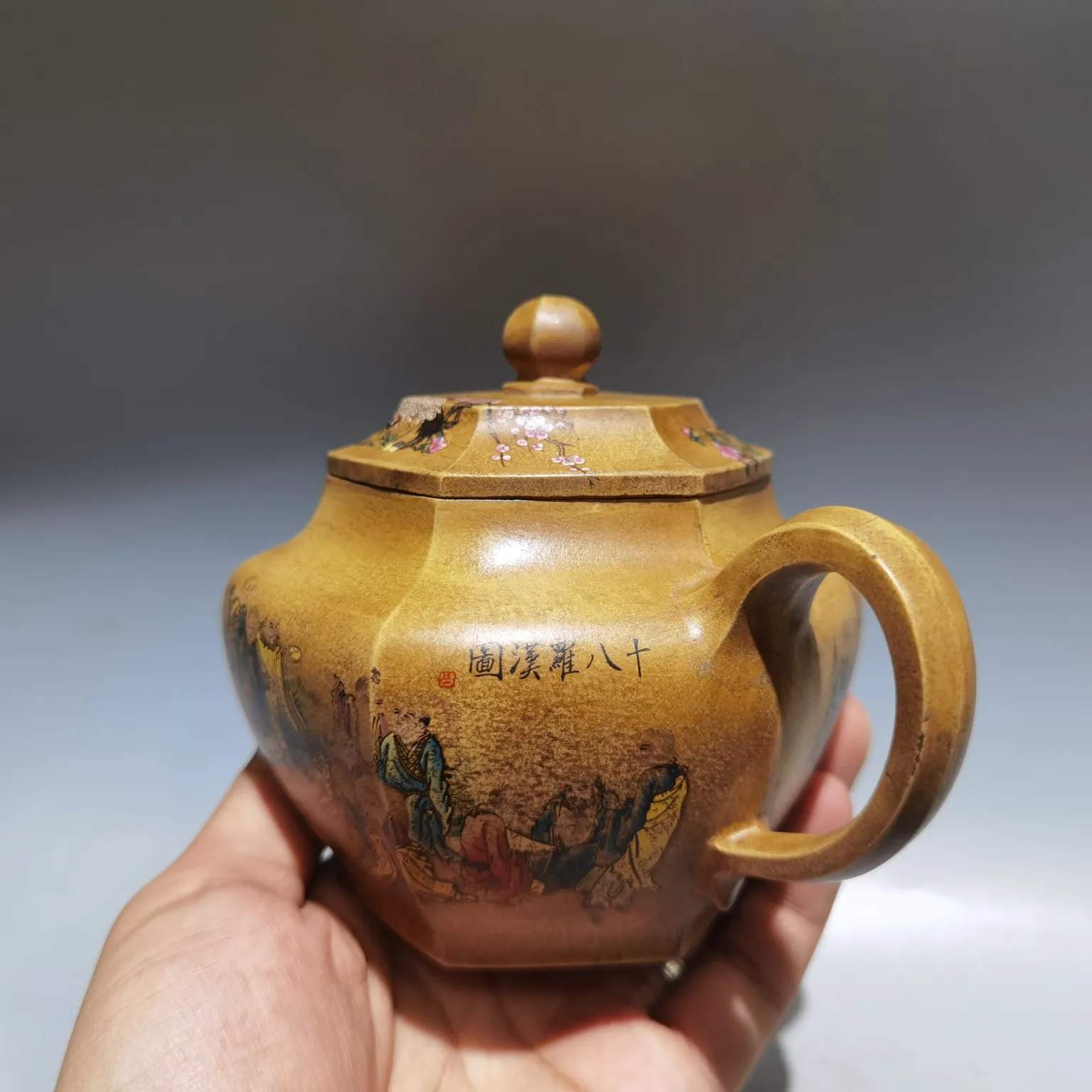 Yixing Teapot Purple Clay Pot Mud painting Eighteen Arhat Eight sided teapot Kettle Teapot Pot Tea Tasting Tea Ceremony