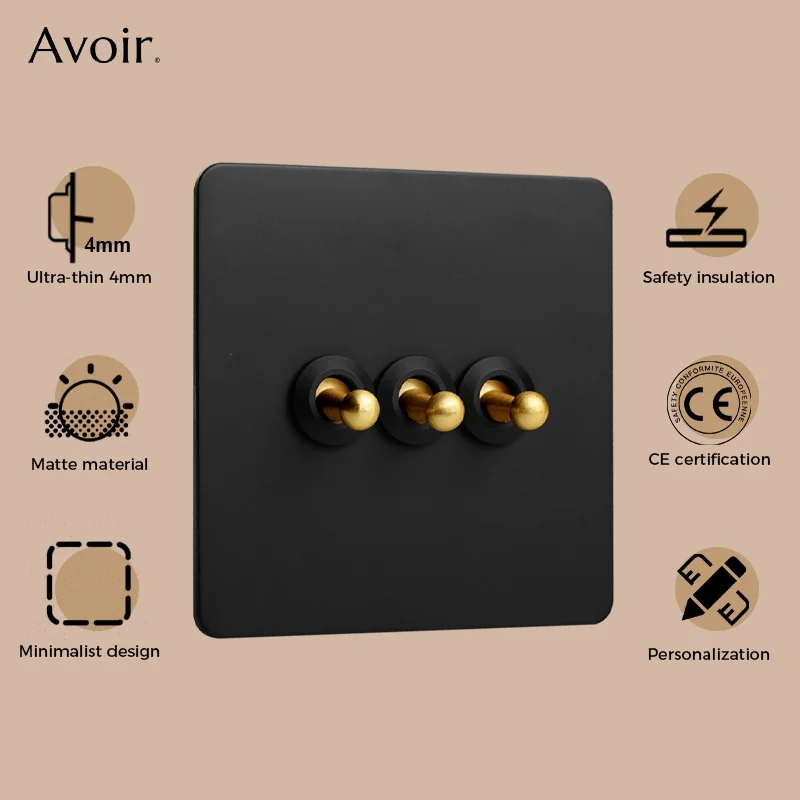 Avoir Retro Light Switch Gold Lever Wall Power Socket Black Stainless Steel Panel Dual Usb Type-c Port Outlet EU French UK Plugs