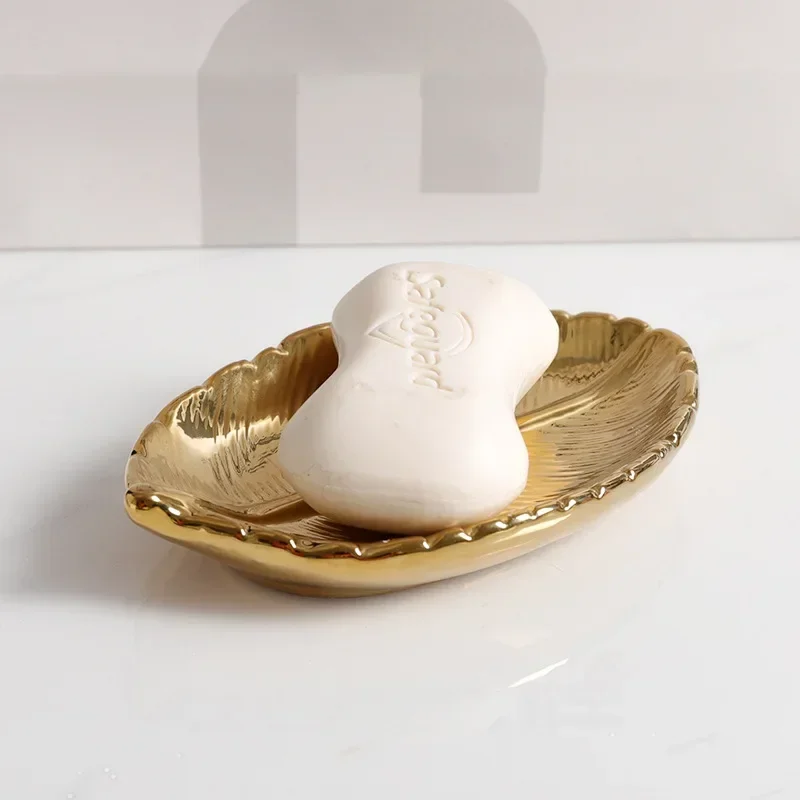 1 pc Ceramics Golden Leaves Soap Dish Nordic Style Soap Holder Kitchen Storage Container Home Bathroom Accessories Tray