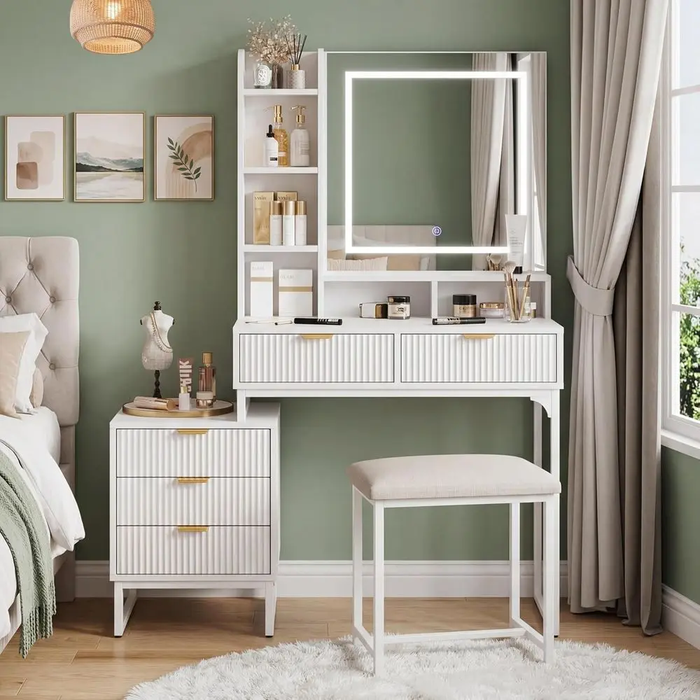 White Makeup Vanity Desk with Mirror, 3-Drawer Vanity Set, LED Lights, and Side Storage Cabinet for Bedroom