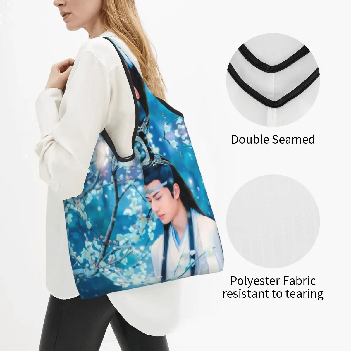 Recycling Lan Wangji Blue Sakura Art Shopping Bag Women Tote Bag Portable The Untamed Grocery Shopper Bags