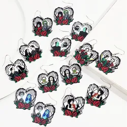 Goth Horror Movie Character Acrylic Dangle Earrings for Women Creative Heart Rose Print Earrings Valentine's Day Jewelry Gifts