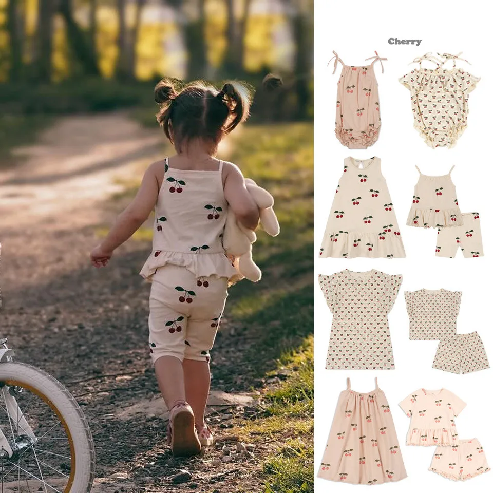 

2024 KS Baby Girls Cherry Print Sling Dresses Kids Clothes Toddler Girls T Shirt + Shorts 2 Pcs Sets Children's Bodysuits Romper