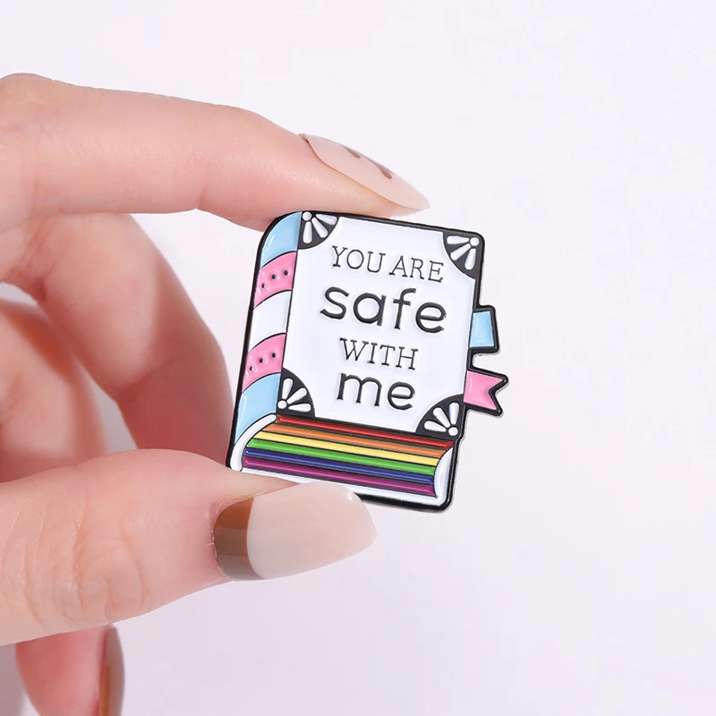 Creative Cartoon You Are Safe With Me Book Enamel Brooch Color Notebook Metal Badge Pins Trendy Unique Clothing Jewelry Gifts