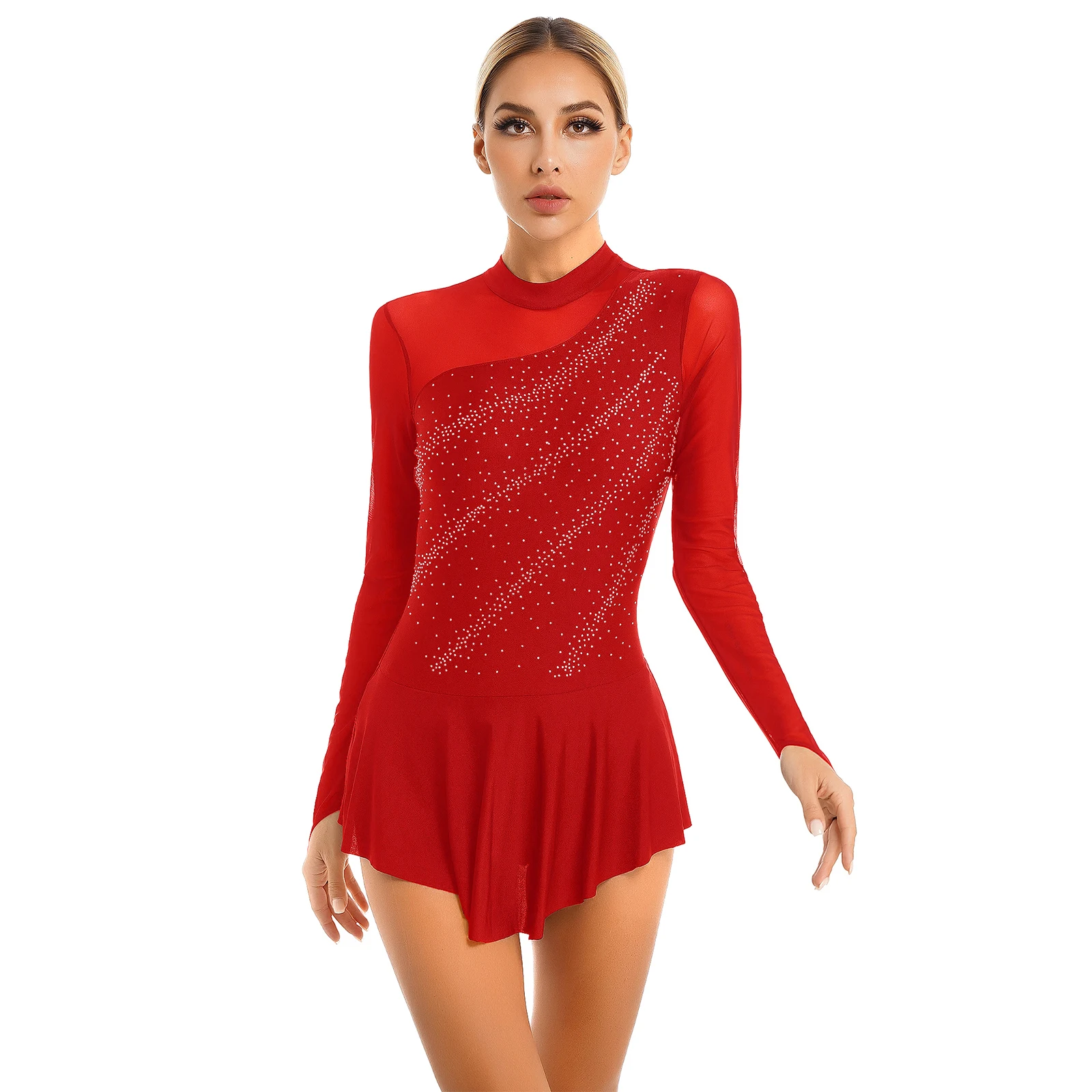 

Ballet Dance Dress for Womens Gymnastics Figure Skating Leotards Dresses Adults Glitter Sheer Mesh Long Sleeve Lyrical Dancewear