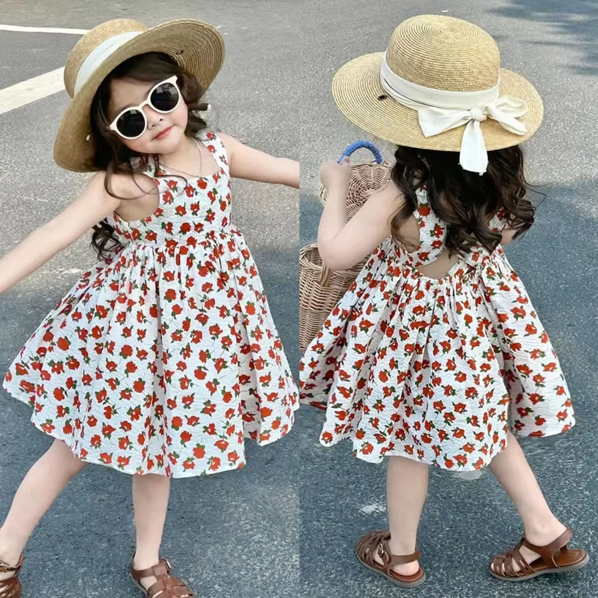 

Girls Strap Dress Summer New Sweet Floral Cross Vest Beach Girls Summer New Sweet Floral Vest Beach Princess Skirt