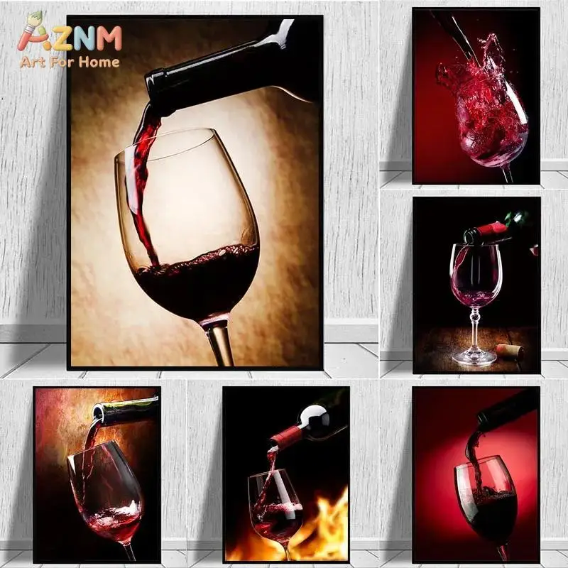 AZNM Pouring Red Wine Glass Photographic Art Frameless Canvas Poster Moody Bar Kitchen Dining Room Wall Art Decor