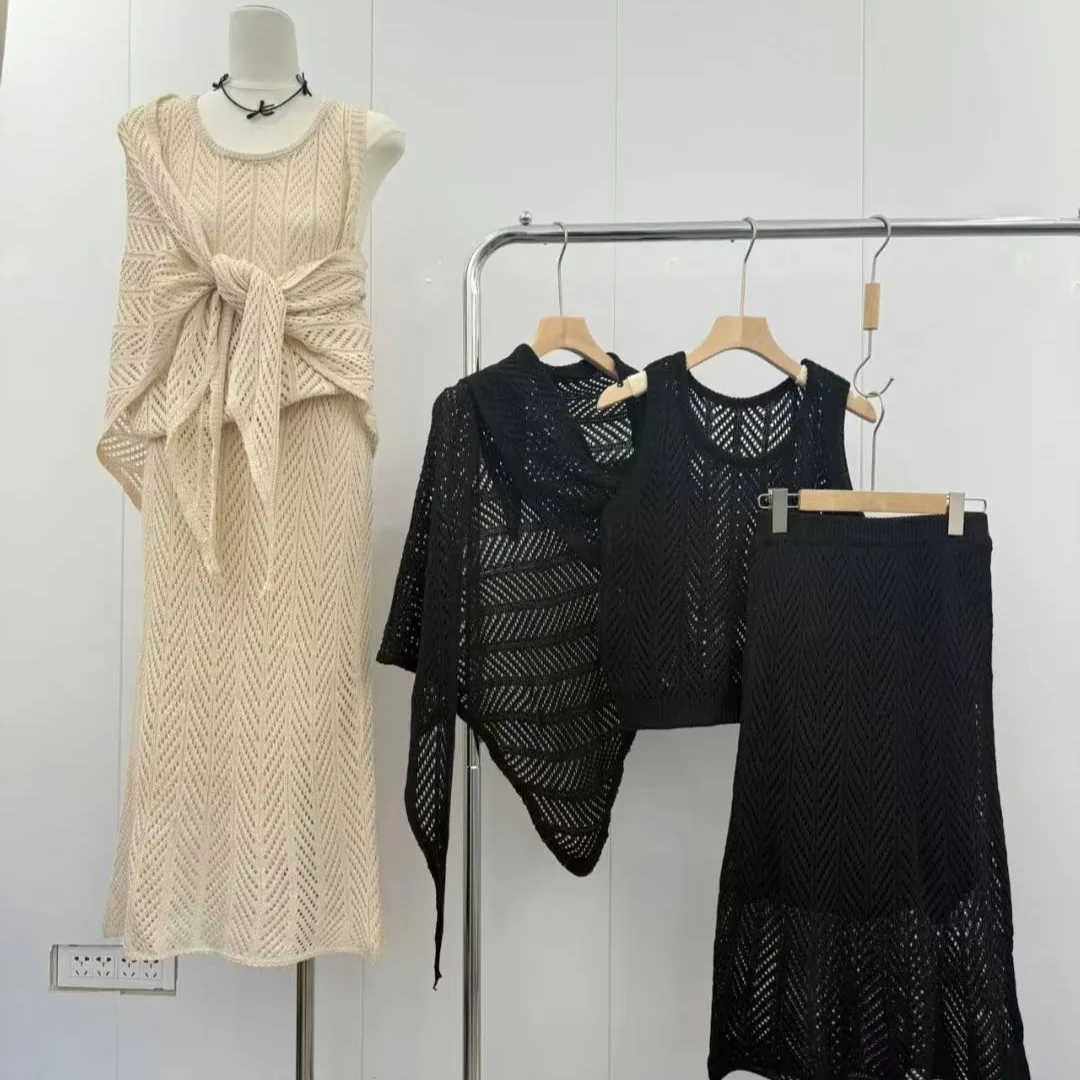 Ele Hollow out Knitted Tank Top  Skirt And awl Tee Piece Set for Women Summer New Sle Commute Loose Fit Regular...